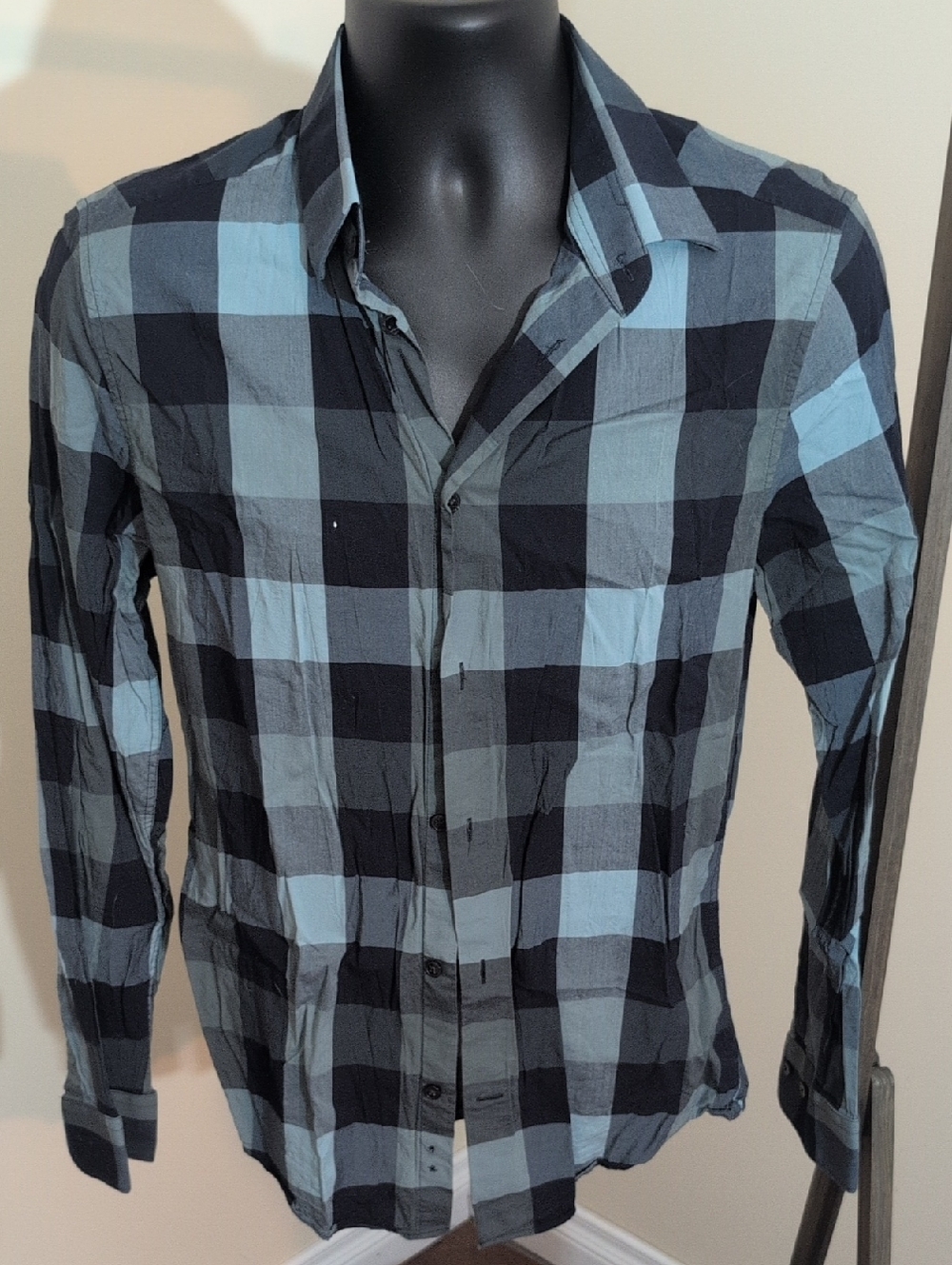 H&M | Men's Blue and Black Check Long-Sleeve Shirt